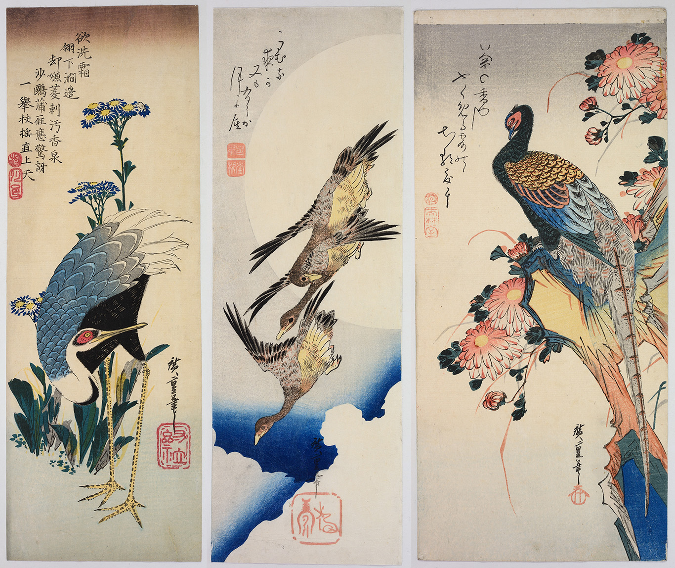 左から「紫苑に鶴」「満月に雁」「菊に雉」 全て1830年代初期