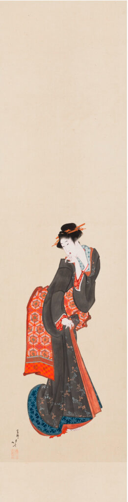 葛飾北斎（1760–1849）作「立美人図」。掛軸。紙本墨、金彩、彩色。98.1cm x 26cm（38 x 10¼インチ）</br>落札予想価格：10万～15万ドル。