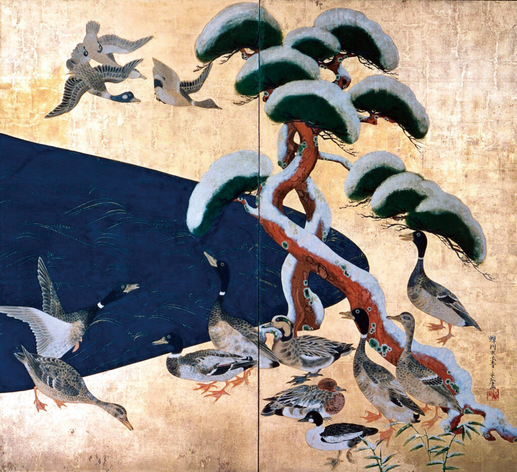 尾形光琳「雪松群禽図屏風」江戸時代中期
