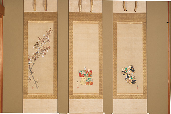 酒井抱一 「紙雛図」三幅対　益田鈍翁旧蔵　左右の「桜図」、『犬筥図」は渡邊南岳筆　付： 池田孤邨書簡
